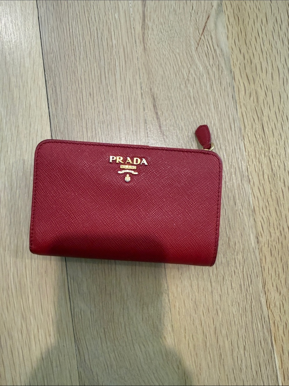 Prada Red Saffiano Zip Around Card Wallet with Gold Logo